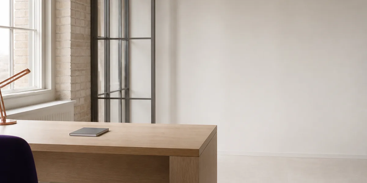 A quiet, empty corner of a small workspace in a converted brick building: a plain oak desk with a closed notebook, a tall window on the left and a metal-framed glass partition.